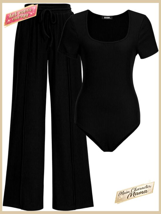 Other - Ribbed Knit Bodysuit Set Slim Fit Lounge Wear Square Neck Short Sleeve